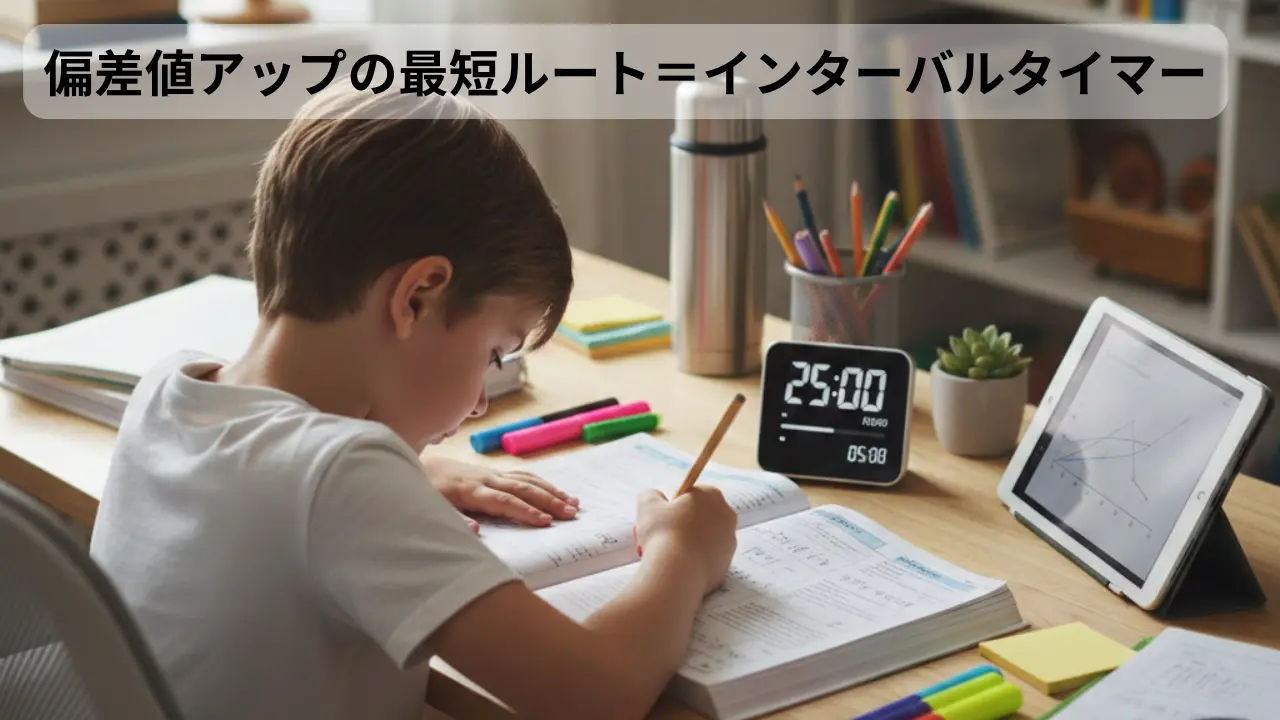 学習と休憩を自動で切り替えるインターバルタイマーで集中して勉強する子どもの机
